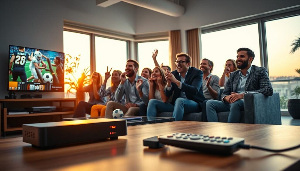 A dynamic scene depicting a high-energy sports streaming environment, featuring a group of diverse individuals in smart casual attire, focused on watching a live sports event on a large screen in a modern living room setting. In the foreground, a close-up of a sleek streaming device with glowing indicators and a remote control on a stylish coffee table. The middle ground showcases an engaging living space with comfortable seating, sports memorabilia, and vibrant decorations, while friends cheer together in excitement. In the background, large windows reveal a sunset casting warm golden light, creating an inviting atmosphere. The lens should simulate a wide-angle view, enhancing the sense of space and liveliness, while maintaining clarity in detail. The mood is one of camaraderie and exhilaration, highlighting the thrill of sports streaming and live events. A dynamic scene depicting a high-energy sports streaming environment, featuring a group of diverse individuals in smart casual attire, focused on watching a live sports event on a large screen in a modern living room setting. In the foreground, a close-up of a sleek streaming device with glowing indicators and a remote control on a stylish coffee table. The middle ground showcases an engaging living space with comfortable seating, sports memorabilia, and vibrant decorations, while friends cheer together in excitement. In the background, large windows reveal a sunset casting warm golden light, creating an inviting atmosphere. The lens should simulate a wide-angle view, enhancing the sense of space and liveliness, while maintaining clarity in detail. The mood is one of camaraderie and exhilaration, highlighting the thrill of sports streaming and live events.