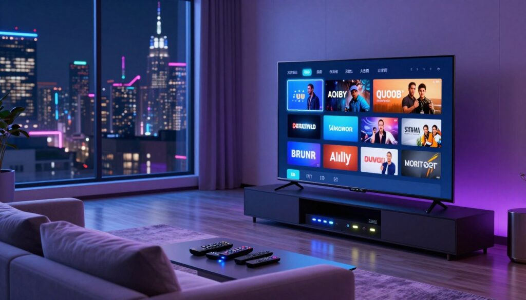 A futuristic scene depicting IPTV streaming services. In the foreground, a sleek modern living room with a stylish couch and an ultra-thin TV screen showcasing a vibrant interface of various streaming options. The middle ground features a high-tech entertainment console with glowing buttons and an array of remote controls. In the background, large windows reveal a city skyline illuminated by neon lights, giving a sense of advanced technology and innovation. Soft blue and purple lighting casts a warm glow throughout the room, creating an inviting atmosphere. The composition should be viewed from a slightly elevated angle, capturing both the comfort of home and the excitement of new streaming possibilities, while ensuring all elements are depicted in a professional and safe manner.