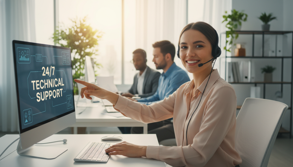 A modern customer support center, featuring a diverse team of three professionals in smart casual attire, engaged in assisting clients. The foreground contains a friendly customer service representative with a headset, smiling and gesturing towards a computer screen displaying technical information. In the middle ground, another support agent is seated at a desk, reviewing documents and typing on a laptop, showcasing teamwork. The background features a sleek office environment with large windows, letting in warm, natural light, plants, and modern furnishings that create a welcoming atmosphere. The scene conveys a sense of reliability and accessibility, emphasizing the 24/7 support theme through warm, inviting colors and an organized layout, shot from a slightly elevated angle to capture the entire setup.