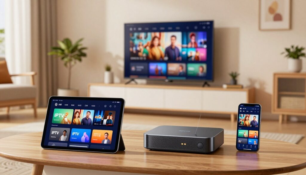 A modern living room setup featuring multiple IPTV Quebec-compatible devices, including a smart TV, tablet, smartphone, and streaming device. In the foreground, the tablet displays the IPTV interface with vibrant colors, while the smartphone shows similar content. The middle ground reveals a sleek smart TV mounted on the wall with visual content playing, showcasing cinematic quality. The background consists of a well-lit, cozy space with contemporary furniture and decorative elements like plants and artwork, providing a welcoming atmosphere. Soft, warm lighting creates a vibrant yet relaxing mood, emphasizing the tech-savvy lifestyle of users. The image is captured from a slightly elevated angle, allowing a clear view of all devices in a harmonious arrangement, without any text or distractions.
