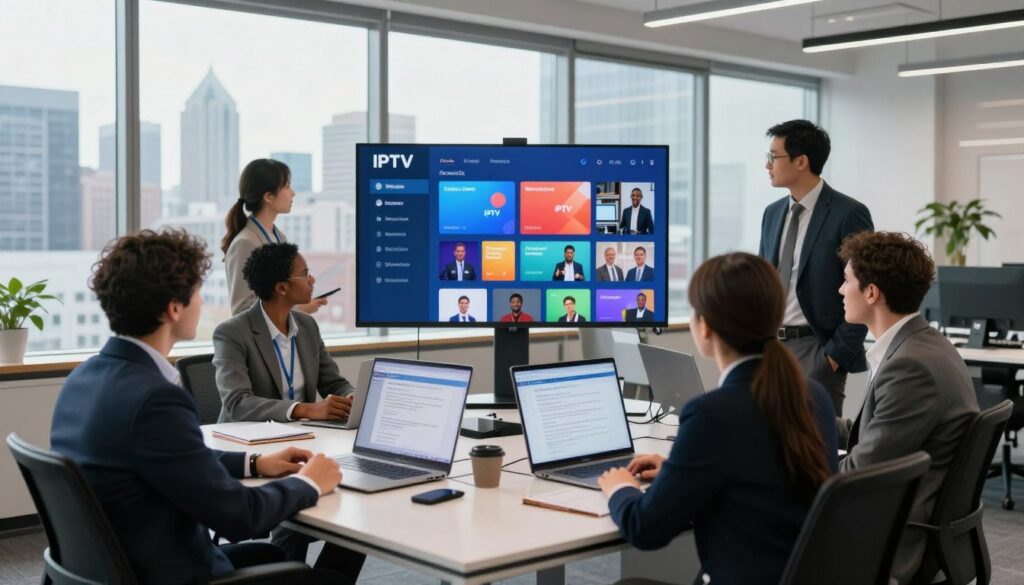 A professional office environment in Quebec, Canada, showcasing a sleek modern workspace. In the foreground, a diverse group of professionals dressed in business attire is engaged around a large digital screen displaying the IPTV interface with vibrant channels. The middle ground features a stylish desk with notepads and digital devices representing legal documents and regulatory guidelines. In the background, large windows reveal a city skyline, bathed in soft natural light, creating an inviting atmosphere. The strategic lighting highlights the interaction among the people, while adding a sense of focus and purpose. The overall mood conveys innovation and collaboration in the realm of IPTV services in Quebec, emphasizing the importance of legal considerations without overwhelming the viewer with details.
