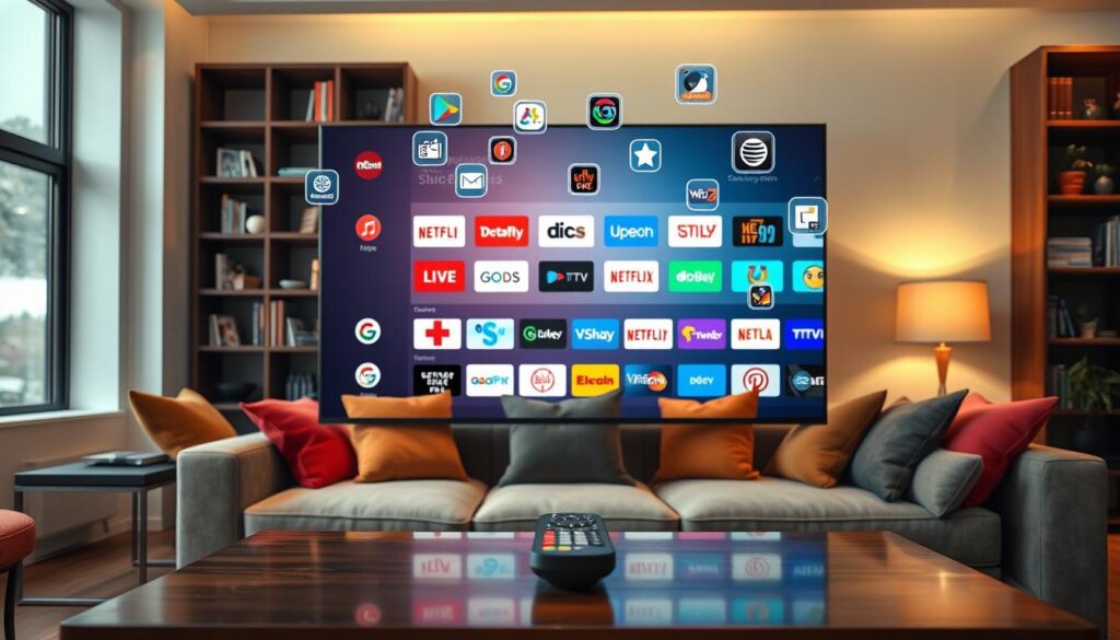 A sleek, modern interface of the TiviMate IPTV player displayed on a high-definition Android TV screen, taking center stage in a contemporary living room setting. In the foreground, the TV remote rests on a stylish coffee table, hinting at user engagement, while digital icons representing various live TV channels float around the screen, showcasing the app's vast offerings. The middle ground features a cozy couch with vibrant cushions, creating an inviting atmosphere, and soft lighting casts a warm glow throughout the space. In the background, a stylish bookshelf adds depth and context to the room, enhancing the ambiance. The overall mood is relaxed and tech-savvy, evoking the ease and enjoyment of streaming live TV through TiviMate.