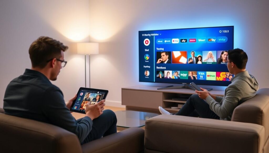 A sleek, modern living room scene showcasing diverse streaming devices to illustrate device compatibility. In the foreground, place a large, high-definition smart TV displaying a vibrant user interface with multiple streaming options. To the left, a tablet and a laptop show the same streaming service, highlighting synchronized content. In the middle ground, a cozy sofa with two users—one casually dressed and the other in business attire—enjoying the multi-screen experience, both deeply engaged with their devices. For the background, soft lighting that creates a warm, inviting atmosphere, complemented by a subtle blue light from the TV, enhancing the focus on technology. A clean, contemporary interior design adds to the mood of modern connectivity and shared entertainment. A sleek, modern living room scene showcasing diverse streaming devices to illustrate device compatibility. In the foreground, place a large, high-definition smart TV displaying a vibrant user interface with multiple streaming options. To the left, a tablet and a laptop show the same streaming service, highlighting synchronized content. In the middle ground, a cozy sofa with two users—one casually dressed and the other in business attire—enjoying the multi-screen experience, both deeply engaged with their devices. For the background, soft lighting that creates a warm, inviting atmosphere, complemented by a subtle blue light from the TV, enhancing the focus on technology. A clean, contemporary interior design adds to the mood of modern connectivity and shared entertainment.