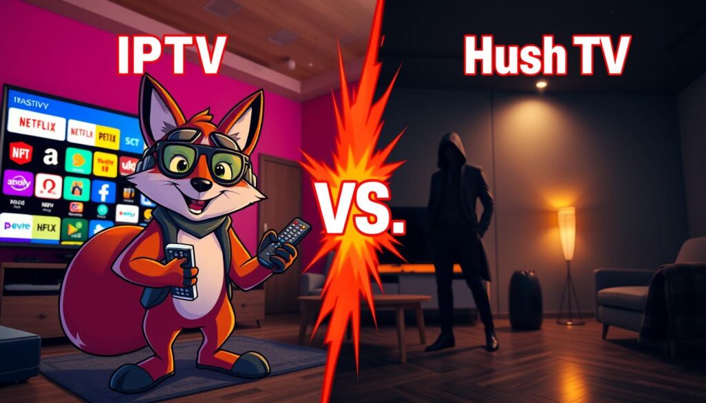 A split-screen image depicting a vibrant showdown between "IPTV the Fox" and "Hush TV." On the left, IPTV the Fox is illustrated as a charismatic, animated fox character wearing modern tech gear, holding a remote control, set against a bright, engaging living room backdrop with a large TV displaying colorful streaming icons. On the right, Hush TV is personified as a sleek, mysterious figure in a stylish dark outfit, blending into a sophisticated, dimly lit space with ambient lighting, showcasing a minimalist design aesthetic. The image should have a dynamic perspective, creating a sense of competition, while maintaining a balanced color palette. The mood should be energetic and compelling, appealing to Canadian buyers exploring their streaming options. A split-screen image depicting a vibrant showdown between "IPTV the Fox" and "Hush TV." On the left, IPTV the Fox is illustrated as a charismatic, animated fox character wearing modern tech gear, holding a remote control, set against a bright, engaging living room backdrop with a large TV displaying colorful streaming icons. On the right, Hush TV is personified as a sleek, mysterious figure in a stylish dark outfit, blending into a sophisticated, dimly lit space with ambient lighting, showcasing a minimalist design aesthetic. The image should have a dynamic perspective, creating a sense of competition, while maintaining a balanced color palette. The mood should be energetic and compelling, appealing to Canadian buyers exploring their streaming options.