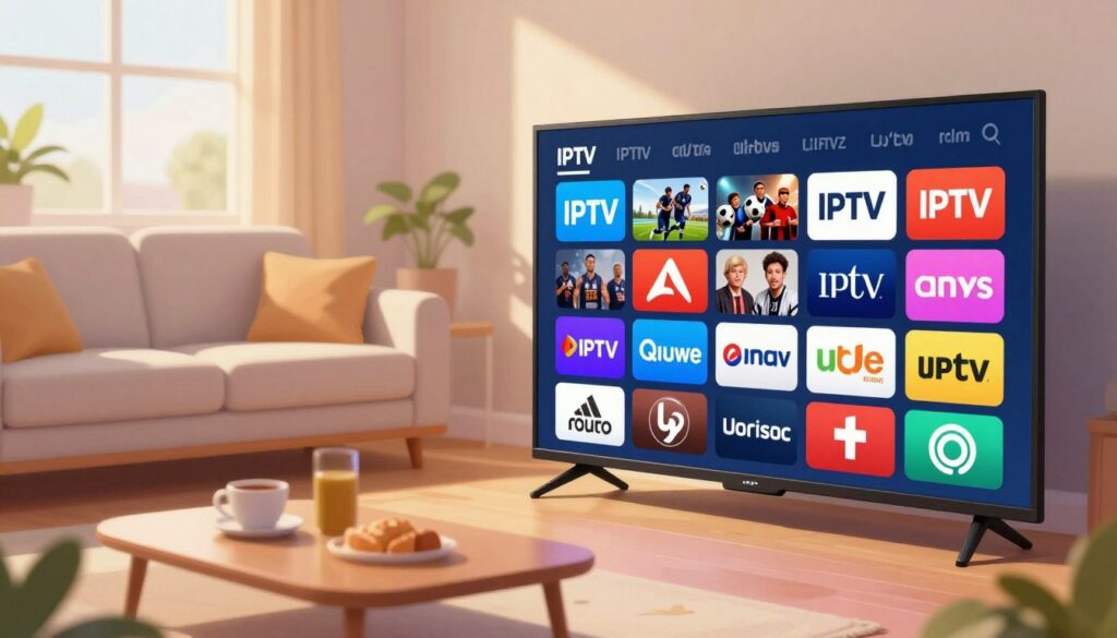 A vibrant and dynamic illustration showcasing various IPTV channels from Quebec. In the foreground, display a large, modern television set featuring a diverse range of colorful channel logos, such as sports, news, movies, and regional programming. In the middle ground, depict a cozy living room setting with a neatly arranged sofa and a coffee table, hinting at family movie night or a sports event watching experience. The background should feature a window with soft, natural lighting filtering through, giving a warm ambiance to the scene. Capture a mood of excitement and endless entertainment, inviting viewers to discover the rich variety of IPTV content available in Quebec. The image should be well-composed with a focus on clarity and detail, avoiding any text or captions.