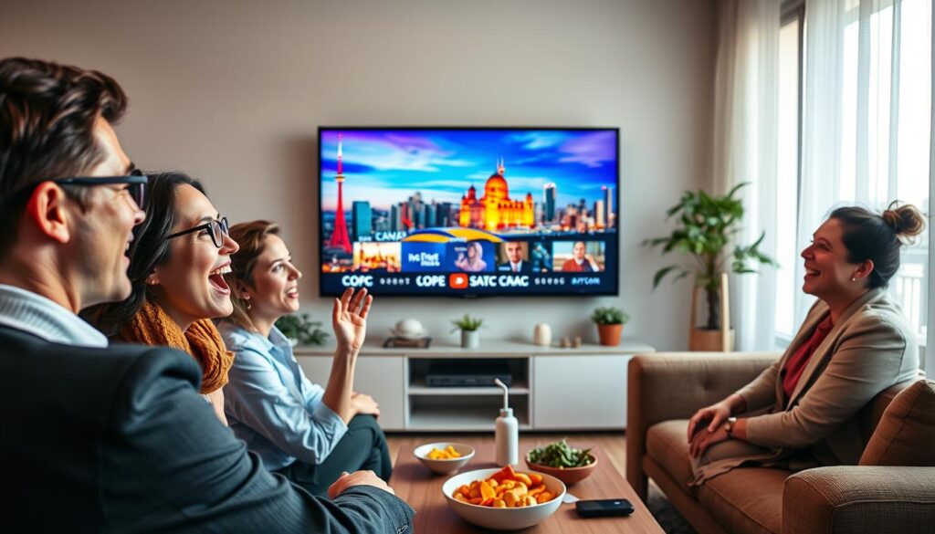 A vibrant scene showcasing a modern living room setting, where a diverse group of four people in smart casual attire are engaged in watching a large flat-screen TV streaming live Canadian channels. In the foreground, close-up on excited faces, with expressions of interest and engagement. The middle ground features the TV displaying colorful Canadian content, with recognizable landmarks subtly visible in the background, like the CN Tower and Canadian landscapes. Soft, warm lighting enhances a cozy atmosphere, and the room is decorated with contemporary furniture, plants, and a coffee table filled with snacks. The angle is slightly elevated, providing a holistic view of the engaging scene without distractions. Emphasize a communal feeling, reflecting the joy of sharing entertainment. A vibrant scene showcasing a modern living room setting, where a diverse group of four people in smart casual attire are engaged in watching a large flat-screen TV streaming live Canadian channels. In the foreground, close-up on excited faces, with expressions of interest and engagement. The middle ground features the TV displaying colorful Canadian content, with recognizable landmarks subtly visible in the background, like the CN Tower and Canadian landscapes. Soft, warm lighting enhances a cozy atmosphere, and the room is decorated with contemporary furniture, plants, and a coffee table filled with snacks. The angle is slightly elevated, providing a holistic view of the engaging scene without distractions. Emphasize a communal feeling, reflecting the joy of sharing entertainment.