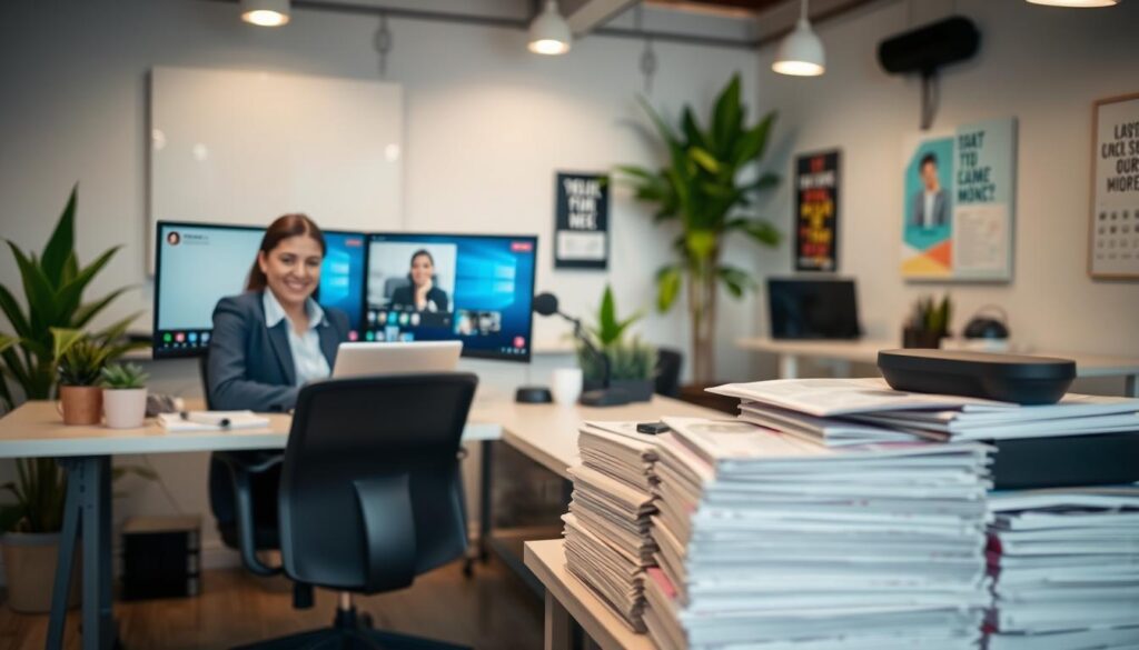 A warm, inviting customer support office scene is depicted in the foreground. A friendly customer service representative, dressed in smart casual attire, sits at a modern desk with dual monitors displaying streaming applications. They are engaged in a video call, exuding a helpful demeanor. In the middle ground, stacks of user manuals and tech gadgets are neatly organized, emphasizing the theme of setup assistance. The background features a bright, well-lit office with plants and motivational posters on the wall, creating a welcoming atmosphere. Soft, diffused lighting enhances the overall mood, providing a sense of professionalism and approachability. A wide-angle perspective captures the entire setup, ensuring clarity and focus on the customer support dynamic. A warm, inviting customer support office scene is depicted in the foreground. A friendly customer service representative, dressed in smart casual attire, sits at a modern desk with dual monitors displaying streaming applications. They are engaged in a video call, exuding a helpful demeanor. In the middle ground, stacks of user manuals and tech gadgets are neatly organized, emphasizing the theme of setup assistance. The background features a bright, well-lit office with plants and motivational posters on the wall, creating a welcoming atmosphere. Soft, diffused lighting enhances the overall mood, providing a sense of professionalism and approachability. A wide-angle perspective captures the entire setup, ensuring clarity and focus on the customer support dynamic.