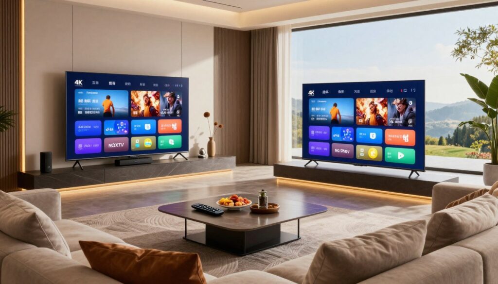 A beautifully designed modern living room focused on high-quality entertainment, showcasing a large, sleek 4K television displaying vibrant streaming content, labeled with the brand name "NOXYTV". In the foreground, a cozy sofa with plush cushions invites relaxation, with a stylish coffee table featuring remote controls and snacks. The middle ground features atmospheric lighting, clustering of stylish decor, and a subtle sound system, emphasizing the immersive experience. In the background, panoramic windows reveal a scenic view of a serene landscape, showcasing natural light flooding the room. The mood is warm and inviting, reflecting a sense of luxury and comfort, all captured in vivid, high-definition detail to exemplify the essence of "High-Quality Streaming That Matches Your Setup". The image should be framed from a slightly elevated angle, accentuating the luxurious appeal and sophisticated ambiance. A beautifully designed modern living room focused on high-quality entertainment, showcasing a large, sleek 4K television displaying vibrant streaming content, labeled with the brand name "NOXYTV". In the foreground, a cozy sofa with plush cushions invites relaxation, with a stylish coffee table featuring remote controls and snacks. The middle ground features atmospheric lighting, clustering of stylish decor, and a subtle sound system, emphasizing the immersive experience. In the background, panoramic windows reveal a scenic view of a serene landscape, showcasing natural light flooding the room. The mood is warm and inviting, reflecting a sense of luxury and comfort, all captured in vivid, high-definition detail to exemplify the essence of "High-Quality Streaming That Matches Your Setup". The image should be framed from a slightly elevated angle, accentuating the luxurious appeal and sophisticated ambiance.