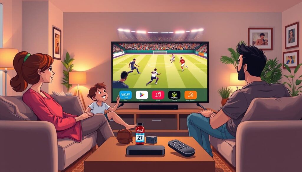 A bustling living room scene showcasing the best use cases for IPTV. In the foreground, a diverse family of four—mother, father, and two children—comfortably seated on a modern sofa, all engaged in watching a thrilling sports event on a large, well-lit flat-screen TV. The middle layer features an array of colorful streaming device icons and a sleek remote control on a coffee table, suggesting various IPTV services tailored for sports, family viewing, and regional programming. In the background, a cozy home environment with warm lighting, decorative plants, and framed photos enhances the welcoming atmosphere. Capture this scene from a slightly elevated angle to convey a sense of inclusivity and excitement, with soft, natural lighting emphasizing the family dynamic and highlighting the advanced technology of IPTV services. A bustling living room scene showcasing the best use cases for IPTV. In the foreground, a diverse family of four—mother, father, and two children—comfortably seated on a modern sofa, all engaged in watching a thrilling sports event on a large, well-lit flat-screen TV. The middle layer features an array of colorful streaming device icons and a sleek remote control on a coffee table, suggesting various IPTV services tailored for sports, family viewing, and regional programming. In the background, a cozy home environment with warm lighting, decorative plants, and framed photos enhances the welcoming atmosphere. Capture this scene from a slightly elevated angle to convey a sense of inclusivity and excitement, with soft, natural lighting emphasizing the family dynamic and highlighting the advanced technology of IPTV services.