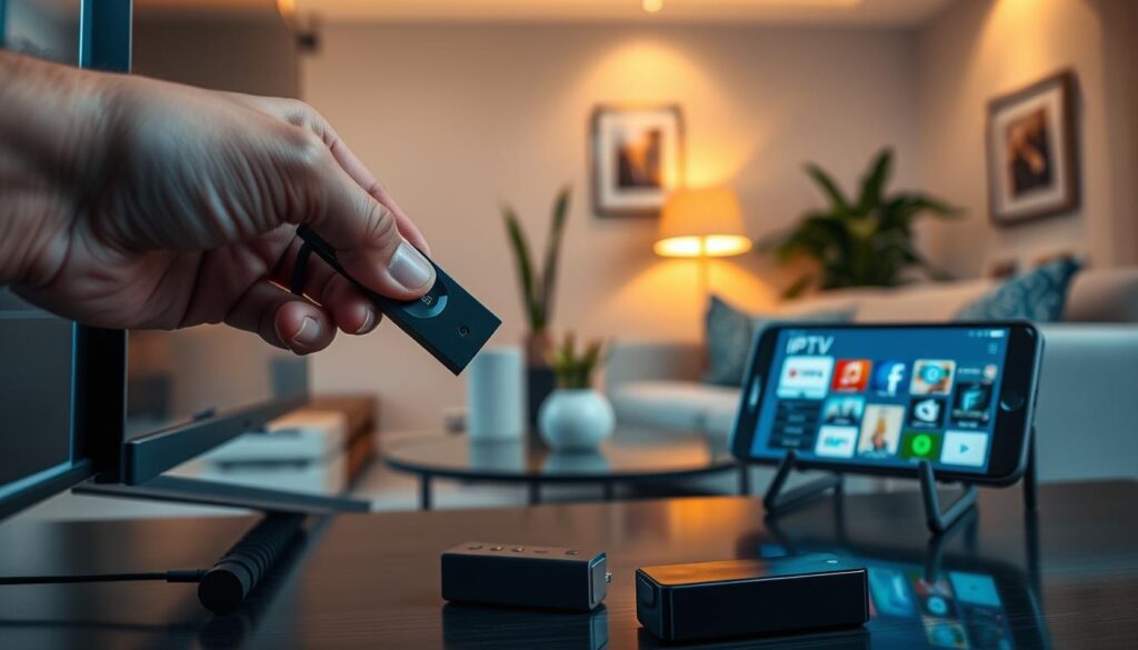 A clear, close-up scene depicting the installation of IPTV on an Amazon Firestick device. In the foreground, a hand carefully plugs the Firestick into a television's HDMI port, showcasing the device's sleek design. Surrounding the television are tools like a small remote control and a smartphone displaying an IPTV app on its screen. The middle ground features a sleek modern living room with a comfortable sofa and a stylish coffee table. In the background, warm ambient lighting casts a welcoming glow, highlighting a decorative plant and framed pictures on the walls. The atmosphere is focused and technical, conveying a sense of ease and professionalism. The image is captured from a slightly elevated angle, emphasizing both the action of installation and the cozy environment without any distractions or overlays.