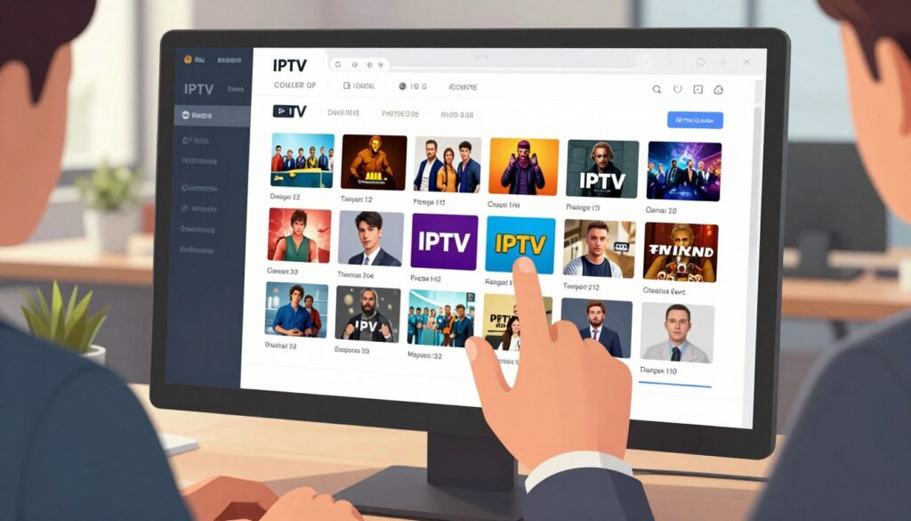 A close-up of a computer screen displaying a clean and organized IPTV playlist, with vibrant colored thumbnails of various media content neatly arranged. In the foreground, a pair of hands, wearing professional business attire, is seen interacting with the interface, emphasizing a sense of optimization and focus. The middle ground features a sleek digital interface showcasing filtered categories and loading indicators, hinting at faster performance. The background displays a modern office setting with soft natural lighting casting a warm glow, enhancing a professional atmosphere. The overall mood conveys efficiency and clarity, perfect for illustrating the concept of cleaning and optimizing an IPTV playlist.