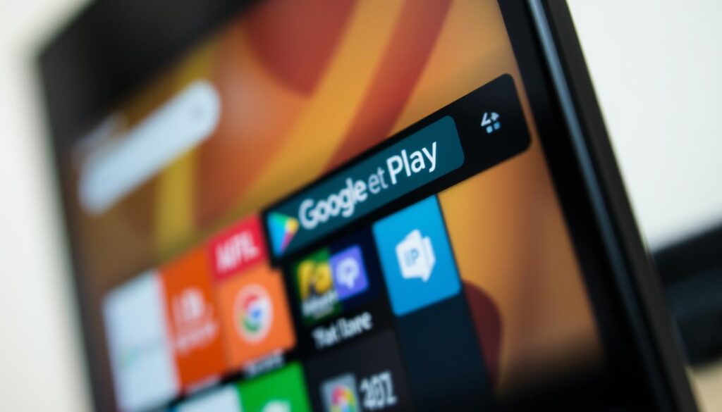 A close-up view of a Google Play Store search bar, prominently displayed in the foreground against a blurred background of a sleek Nvidia Shield device. The search bar features a vibrant, modern design with a slightly rounded shape, showcasing the recognizable Google Play logo in the corner. Soft, diffused lighting highlights the contours of the search bar, creating a warm and inviting atmosphere. The background showcases a subtle gradient that suggests a home screen filled with app icons, out of focus to emphasize the search bar. Capture the image from a slightly elevated angle, enhancing the depth and dimensionality while maintaining a professional and polished look. A close-up view of a Google Play Store search bar, prominently displayed in the foreground against a blurred background of a sleek Nvidia Shield device. The search bar features a vibrant, modern design with a slightly rounded shape, showcasing the recognizable Google Play logo in the corner. Soft, diffused lighting highlights the contours of the search bar, creating a warm and inviting atmosphere. The background showcases a subtle gradient that suggests a home screen filled with app icons, out of focus to emphasize the search bar. Capture the image from a slightly elevated angle, enhancing the depth and dimensionality while maintaining a professional and polished look.
