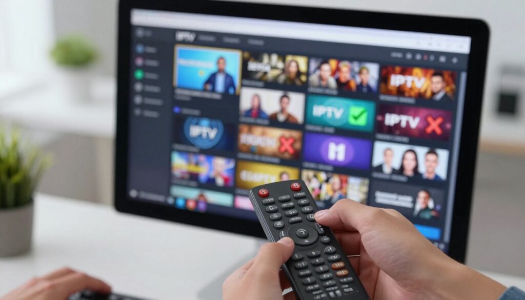 A close-up view of a computer monitor displaying an IPTV playlist interface with vibrant thumbnails of various channels, some with a green checkmark indicating they are working and others with a red X symbol marking them as broken. In the foreground, a pair of hands is seen navigating the interface with a sleek remote control, showcasing a sense of urgency and technical skill. The middle ground features a soft blurred background of a modern, minimalist workspace with soft lighting that emphasizes the focal point of the screen. The overall mood is one of determination and focus, conveying the idea of troubleshooting and quickly testing stream links to identify broken channels. Use a slightly overhead angle to capture the monitor's screen clearly, with natural light illuminating the workspace.