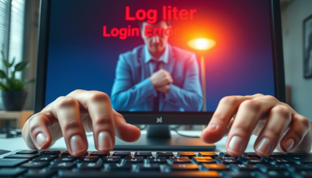 A close-up view of a computer screen displaying a "Login Error" message in bold, red letters, with a faint digital glitch effect. The foreground features a pair of hands hovering over a keyboard, with fingers poised above the enter key. The middle section captures a blurred silhouette of a concerned person in professional business attire, reflecting frustration. In the background, the soft glow of a desk lamp casts a warm light, contrasting the cool, blue tones of the screen. The overall atmosphere conveys tension and urgency, with a slight shadowing around the edges to emphasize the focus on the error message. The scene is set in a modern office environment, with abstract tech-themed decor subtly visible.