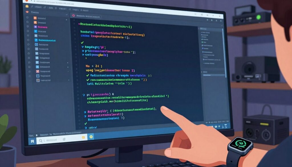 A close-up view of a computer screen displaying a colorful, intricate M3U playlist validation process. In the foreground, a hand with a sleek, modern smartwatch hovers over a keyboard, ready to troubleshoot. The middle layer features a digital interface with lines of code and validation checkmarks, illuminated by soft blue and green lighting, conveying a tech-savvy atmosphere. In the background, blurred shelves filled with networking gear and streaming devices hint at a home office setup. The overall mood is focused and professional, ideal for a tech article, with a sense of problem-solving in the air. The image captures the essence of validating an M3U playlist, showcasing the critical steps in a visually engaging manner.