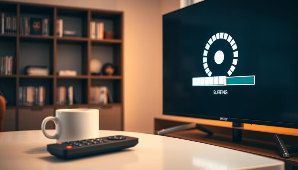 A close-up view of a modern television screen displaying a spinning buffering icon, symbolizing slow IPTV streaming. In the foreground, the TV is sleek and contemporary, showcasing crisp lines and a minimalist design. In the middle ground, a soft-focus remote control lies on a stylish coffee table, hinting at a lounging area, while a coffee mug adds a homely touch. The background features softly blurred shelves lined with DVDs, creating a cozy atmosphere. The lighting is warm and inviting, casting a gentle glow that emphasizes a moment of frustration and anticipation. The overall mood conveys a sense of waiting and irritation, capturing the essence of buffering during streaming. The composition is shot from a slightly elevated angle, providing a dynamic perspective on the scene.