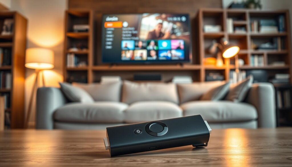 A close-up view of a sleek Amazon Firestick remote, positioned at the forefront of a modern living room setup with a flat-screen TV in the background, displaying a blurred menu interface. The remote is surrounded by a warm, soft glow of ambient lighting, casting gentle shadows that highlight its buttons. In the middle ground, a casual but stylish sofa can be seen, inviting viewers to relax and enjoy entertainment. The background features a tastefully decorated bookshelf filled with tech gadgets and books, enhancing the contemporary atmosphere. The overall mood conveys a sense of ease and modernity, ideal for a tech-savvy audience. The composition emphasizes clarity, allowing the Firestick to take center stage in a cozy, but technologically advanced environment. A close-up view of a sleek Amazon Firestick remote, positioned at the forefront of a modern living room setup with a flat-screen TV in the background, displaying a blurred menu interface. The remote is surrounded by a warm, soft glow of ambient lighting, casting gentle shadows that highlight its buttons. In the middle ground, a casual but stylish sofa can be seen, inviting viewers to relax and enjoy entertainment. The background features a tastefully decorated bookshelf filled with tech gadgets and books, enhancing the contemporary atmosphere. The overall mood conveys a sense of ease and modernity, ideal for a tech-savvy audience. The composition emphasizes clarity, allowing the Firestick to take center stage in a cozy, but technologically advanced environment.