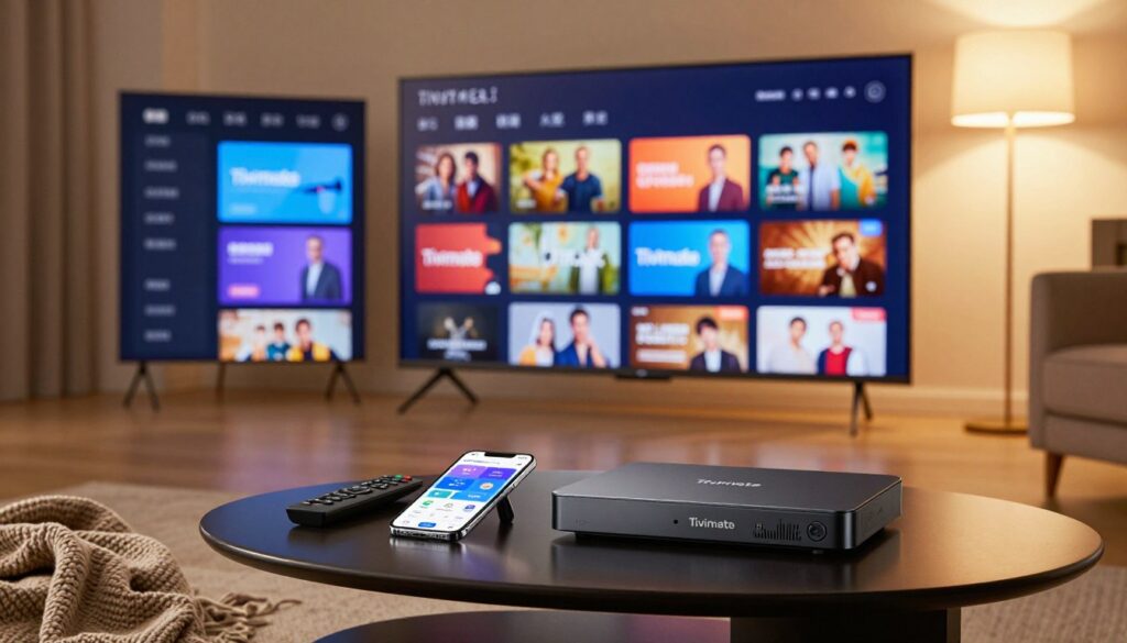 A close-up view of a sleek, modern living room setup showcasing the Tivimate IPTV Player interface on a large smart TV, prominently displayed in the foreground. The TV screen should show a vibrant, user-friendly interface with colorful thumbnails of various TV channels and shows. In the middle ground, include a stylish coffee table adorned with a remote control, a smartphone displaying the Tivimate app, and a cozy throw blanket draped casually. The background should feature soft, ambient lighting from a floor lamp, casting warm tones across the room, enhancing a relaxed, inviting atmosphere. Opt for a wide-angle perspective to capture the depth of the space, emphasizing the luxurious home entertainment experience. A close-up view of a sleek, modern living room setup showcasing the Tivimate IPTV Player interface on a large smart TV, prominently displayed in the foreground. The TV screen should show a vibrant, user-friendly interface with colorful thumbnails of various TV channels and shows. In the middle ground, include a stylish coffee table adorned with a remote control, a smartphone displaying the Tivimate app, and a cozy throw blanket draped casually. The background should feature soft, ambient lighting from a floor lamp, casting warm tones across the room, enhancing a relaxed, inviting atmosphere. Opt for a wide-angle perspective to capture the depth of the space, emphasizing the luxurious home entertainment experience.