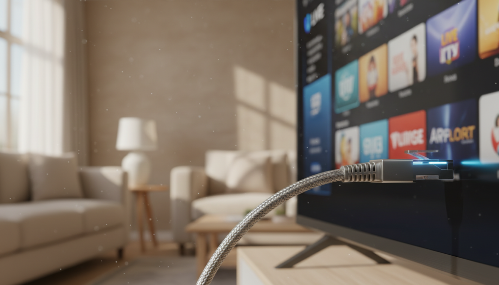 A close-up view of a wired Ethernet connection, showcasing a high-quality Ethernet cable connecting to a sleek modern smart TV. The background features a cozy living room setting, with soft natural light filtering through a window, casting gentle shadows on the walls. In the foreground, the Ethernet cable is vividly highlighted with a slight glow, emphasizing its importance in ensuring a stable IPTV connection. The smart TV screen displays a vibrant streaming interface, suggesting seamless viewing. Use a shallow depth of field to keep the focus on the cable and TV while softly blurring the background. The overall atmosphere should feel warm and inviting, conveying reliability and modern technology harmoniously combined. A close-up view of a wired Ethernet connection, showcasing a high-quality Ethernet cable connecting to a sleek modern smart TV. The background features a cozy living room setting, with soft natural light filtering through a window, casting gentle shadows on the walls. In the foreground, the Ethernet cable is vividly highlighted with a slight glow, emphasizing its importance in ensuring a stable IPTV connection. The smart TV screen displays a vibrant streaming interface, suggesting seamless viewing. Use a shallow depth of field to keep the focus on the cable and TV while softly blurring the background. The overall atmosphere should feel warm and inviting, conveying reliability and modern technology harmoniously combined.
