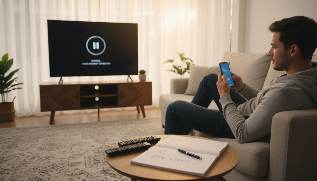 A cozy living room scene designed for troubleshooting IPTV issues on a smart TV. In the foreground, a stylish but straightforward coffee table is cluttered with tech gadgets: a remote control, a notepad with a pen, and a smartphone displaying a streaming app. In the middle, a modern smart TV is prominently displayed on a sleek entertainment unit, showing a paused buffering screen. A person dressed in smart casual attire is seated on a comfortable couch, appearing focused and engaged while checking their phone for quick solutions. The background features soft, ambient lighting, creating a warm and inviting atmosphere, with light filtering through sheer curtains. The overall mood is practical and encouraging, highlighting the ease of resolving tech issues quickly. A cozy living room scene designed for troubleshooting IPTV issues on a smart TV. In the foreground, a stylish but straightforward coffee table is cluttered with tech gadgets: a remote control, a notepad with a pen, and a smartphone displaying a streaming app. In the middle, a modern smart TV is prominently displayed on a sleek entertainment unit, showing a paused buffering screen. A person dressed in smart casual attire is seated on a comfortable couch, appearing focused and engaged while checking their phone for quick solutions. The background features soft, ambient lighting, creating a warm and inviting atmosphere, with light filtering through sheer curtains. The overall mood is practical and encouraging, highlighting the ease of resolving tech issues quickly.