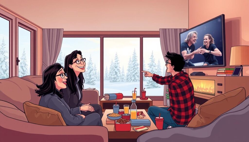 A cozy living room scene featuring a diverse group of Canadian IPTV users engaged in watching their favorite shows on a large television. In the foreground, a middle-aged woman with long dark hair and glasses sits comfortably on a couch, wearing casual yet professional attire, smiling as she interacts with a remote. Beside her, a young man in a plaid shirt leans over, pointing at the screen, displaying excitement. In the middle ground, a coffee table is cluttered with snacks and drinks, creating a homely atmosphere. The backdrop reveals a warm, well-lit room with large windows showing a snowy Canadian landscape outside, emphasizing a feeling of comfort during winter. The overall mood is inviting and engaging, showcasing the joy of seamless IPTV entertainment. Soft lighting enhances the inviting ambiance. A cozy living room scene featuring a diverse group of Canadian IPTV users engaged in watching their favorite shows on a large television. In the foreground, a middle-aged woman with long dark hair and glasses sits comfortably on a couch, wearing casual yet professional attire, smiling as she interacts with a remote. Beside her, a young man in a plaid shirt leans over, pointing at the screen, displaying excitement. In the middle ground, a coffee table is cluttered with snacks and drinks, creating a homely atmosphere. The backdrop reveals a warm, well-lit room with large windows showing a snowy Canadian landscape outside, emphasizing a feeling of comfort during winter. The overall mood is inviting and engaging, showcasing the joy of seamless IPTV entertainment. Soft lighting enhances the inviting ambiance.