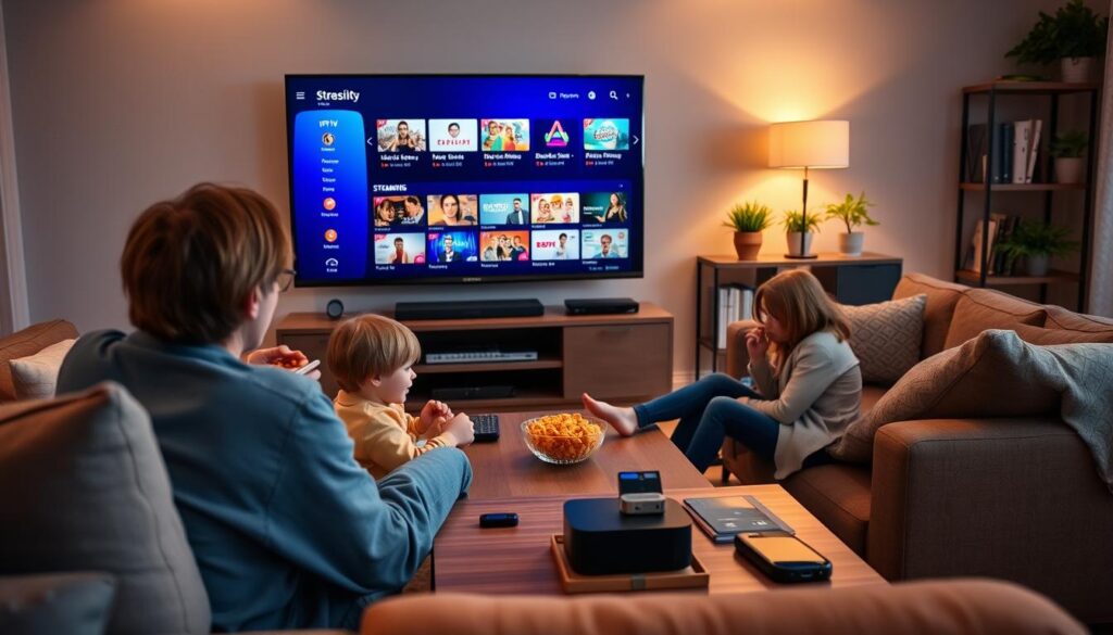 A cozy living room scene showcasing a family enjoying IPTV streaming on a modern flat-screen TV. In the foreground, a parents and two children are seated on a comfortable couch with snacks, all dressed in casual, modest clothing. The TV displays a vibrant menu interface filled with colorful streaming options. In the middle ground, a stylish coffee table is adorned with a remote control and some tech gadgets, indicating a high-tech environment. The background features shelves with books and decorative plants, bathed in warm, soft lighting to create an inviting atmosphere. The viewpoint is slightly angled to emphasize the family's interaction with the screen, capturing a sense of enjoyment and connection. A cozy living room scene showcasing a family enjoying IPTV streaming on a modern flat-screen TV. In the foreground, a parents and two children are seated on a comfortable couch with snacks, all dressed in casual, modest clothing. The TV displays a vibrant menu interface filled with colorful streaming options. In the middle ground, a stylish coffee table is adorned with a remote control and some tech gadgets, indicating a high-tech environment. The background features shelves with books and decorative plants, bathed in warm, soft lighting to create an inviting atmosphere. The viewpoint is slightly angled to emphasize the family's interaction with the screen, capturing a sense of enjoyment and connection.
