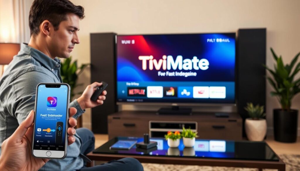 A cozy living room setting featuring a modern television displaying the TiviMate interface on a Firestick. In the foreground, a person in casual, professional attire is holding a remote control, focused on the screen. Their expression shows determination as they navigate the app. The middle of the image showcases the Firestick connected to the back of the TV, with bright light reflecting off the screen highlighting the vibrant colors of the TiviMate logo. In the background, a stylish coffee table holds a smartphone with the Downloader app open, emphasizing the fast sideloading method. Soft ambient lighting creates a warm atmosphere, complemented by well-placed house plants. The angle is slightly elevated, providing a clear view of both the TV and the user’s interaction, evoking a sense of ease and efficiency in the installation process. A cozy living room setting featuring a modern television displaying the TiviMate interface on a Firestick. In the foreground, a person in casual, professional attire is holding a remote control, focused on the screen. Their expression shows determination as they navigate the app. The middle of the image showcases the Firestick connected to the back of the TV, with bright light reflecting off the screen highlighting the vibrant colors of the TiviMate logo. In the background, a stylish coffee table holds a smartphone with the Downloader app open, emphasizing the fast sideloading method. Soft ambient lighting creates a warm atmosphere, complemented by well-placed house plants. The angle is slightly elevated, providing a clear view of both the TV and the user’s interaction, evoking a sense of ease and efficiency in the installation process.