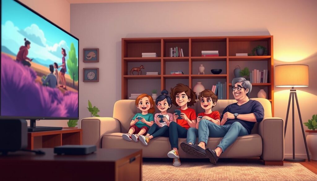 A cozy living room setting showcasing family enjoyment while streaming media. In the foreground, a large, modern flat-screen TV displays a vivid, high-definition scene, illustrating smooth streaming with no buffering. In the middle, a family of four is settled comfortably on a plush sofa, with the children engaged and smiling, holding remote controls. The adults, dressed in casual attire, sit relaxed, creating a warm and inviting atmosphere. Soft lighting from floor lamps casts a gentle glow, enhancing the sense of comfort. In the background, shelves are filled with books and decorative items, providing a homey backdrop. The angle captures the action from a slight side view, emphasizing the family's connection to their entertainment experience, conveying a mood of joy and relaxation, ideal for family fun. A cozy living room setting showcasing family enjoyment while streaming media. In the foreground, a large, modern flat-screen TV displays a vivid, high-definition scene, illustrating smooth streaming with no buffering. In the middle, a family of four is settled comfortably on a plush sofa, with the children engaged and smiling, holding remote controls. The adults, dressed in casual attire, sit relaxed, creating a warm and inviting atmosphere. Soft lighting from floor lamps casts a gentle glow, enhancing the sense of comfort. In the background, shelves are filled with books and decorative items, providing a homey backdrop. The angle captures the action from a slight side view, emphasizing the family's connection to their entertainment experience, conveying a mood of joy and relaxation, ideal for family fun.