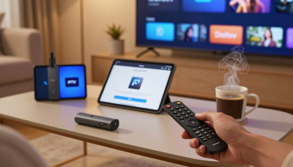 A cozy living room setting with a modern TV showing the Firestick interface. In the foreground, a person's hand holding a remote control is poised on a coffee table next to a sleek Firestick device. The middle ground features a coffee table with an open tablet displaying a step-by-step installation guide for IPTV apps, accompanied by a few tech gadgets and a steaming mug of coffee. In the background, soft lighting creates a warm and inviting atmosphere, emphasizing a sense of relaxation. The colors are warm and inviting, with hints of blue from the screen glow, suggesting a tech-savvy yet homely vibe. The angle captures both the TV screen and the person’s hand, illustrating an engaged user experience with IPTV technology. A cozy living room setting with a modern TV showing the Firestick interface. In the foreground, a person's hand holding a remote control is poised on a coffee table next to a sleek Firestick device. The middle ground features a coffee table with an open tablet displaying a step-by-step installation guide for IPTV apps, accompanied by a few tech gadgets and a steaming mug of coffee. In the background, soft lighting creates a warm and inviting atmosphere, emphasizing a sense of relaxation. The colors are warm and inviting, with hints of blue from the screen glow, suggesting a tech-savvy yet homely vibe. The angle captures both the TV screen and the person’s hand, illustrating an engaged user experience with IPTV technology.