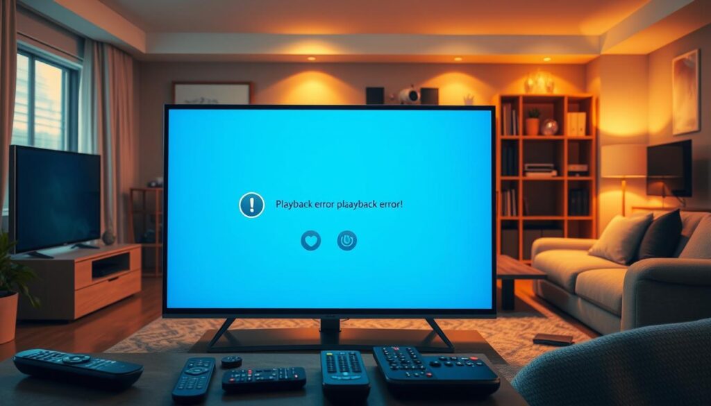 A digital illustration depicting a vivid "Playback Error" scene related to IPTV streaming issues. In the foreground, display a television screen showing a prominent error message with a visual representation of buffering symbols, like spinning circles. In the middle, incorporate a modern living room setting with a stylish couch and a coffee table scattered with remote controls, emphasizing a casual yet frustrated atmosphere. The background should feature a bookshelf with electronic devices, hinting at a tech-savvy environment. Use warm lighting to evoke a sense of annoyance and tension, with shadows that add depth to the scene. Capture this moment from a slightly tilted angle to enhance the feeling of chaos and disruption in an otherwise serene home setting.