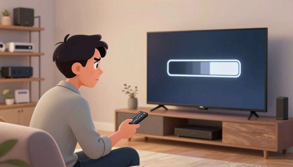 A frustrated individual in a modern, well-lit living room is staring at a large, high-resolution TV screen that displays a frozen loading icon symbolizing buffering. The person, dressed in casual yet professional attire, sits on a stylish couch, with a remote control in hand, exuding a sense of impatience and confusion. In the background, shelves filled with tech gadgets and streaming devices hint at a digitally-savvy environment. The room is illuminated by soft, ambient lighting that creates a warm atmosphere, contrasting with the starkness of the frozen screen. The focus is sharp on the individual and the TV, while the background is slightly blurred to emphasize their frustration with the buffering issue.