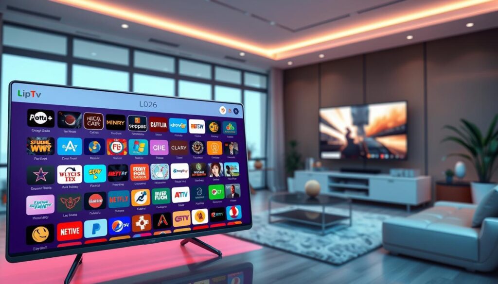A futuristic interface showcasing an extensive live TV channel list for an IPTV service in 2026. In the foreground, a sleek touchscreen device displays an organized grid of diverse channels, each featuring vibrant icons representing various genres, such as sports, movies, news, and kids' programming. The middle ground includes a stylish living room with a modern TV setup, illuminated by soft ambient lighting that enhances the high-tech atmosphere. The background features a cozy setting with contemporary furniture and decorative elements that suggest a home entertainment environment. Capture this in a wide-angle view to emphasize the user-friendly design and seamless integration of technology, evoking a feeling of excitement and convenience for users ready to enjoy endless viewing without buffering. A futuristic interface showcasing an extensive live TV channel list for an IPTV service in 2026. In the foreground, a sleek touchscreen device displays an organized grid of diverse channels, each featuring vibrant icons representing various genres, such as sports, movies, news, and kids' programming. The middle ground includes a stylish living room with a modern TV setup, illuminated by soft ambient lighting that enhances the high-tech atmosphere. The background features a cozy setting with contemporary furniture and decorative elements that suggest a home entertainment environment. Capture this in a wide-angle view to emphasize the user-friendly design and seamless integration of technology, evoking a feeling of excitement and convenience for users ready to enjoy endless viewing without buffering.