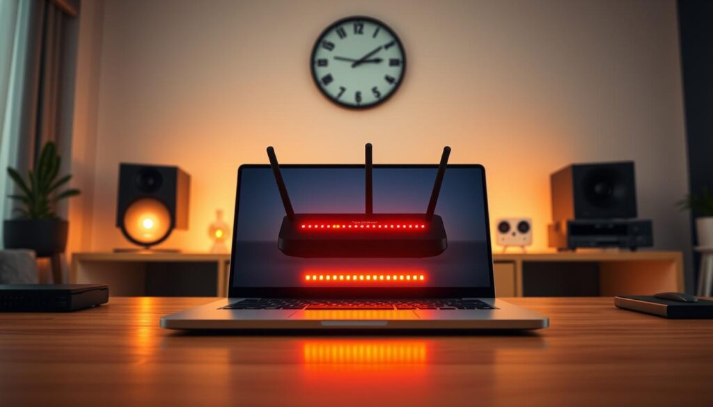 A high-resolution depiction of a modern home office setup illustrating a strong internet connection. In the foreground, a sleek laptop with glowing connectivity indicators is displayed prominently, its screen showcasing a smooth streaming interface. The middle ground features a stylish router with multiple blinking lights, symbolizing active internet connectivity. In the background, a wall clock shows a consistent time, emphasizing reliability, while warm, ambient lighting creates an inviting atmosphere. The scene is viewed from a slightly elevated angle, allowing for a dynamic perspective, filled with soft, diffused light to enhance the feeling of tranquility and productivity. The overall mood conveys efficiency, stability, and the importance of a robust internet connection in preventing IPTV freezing issues. A high-resolution depiction of a modern home office setup illustrating a strong internet connection. In the foreground, a sleek laptop with glowing connectivity indicators is displayed prominently, its screen showcasing a smooth streaming interface. The middle ground features a stylish router with multiple blinking lights, symbolizing active internet connectivity. In the background, a wall clock shows a consistent time, emphasizing reliability, while warm, ambient lighting creates an inviting atmosphere. The scene is viewed from a slightly elevated angle, allowing for a dynamic perspective, filled with soft, diffused light to enhance the feeling of tranquility and productivity. The overall mood conveys efficiency, stability, and the importance of a robust internet connection in preventing IPTV freezing issues.