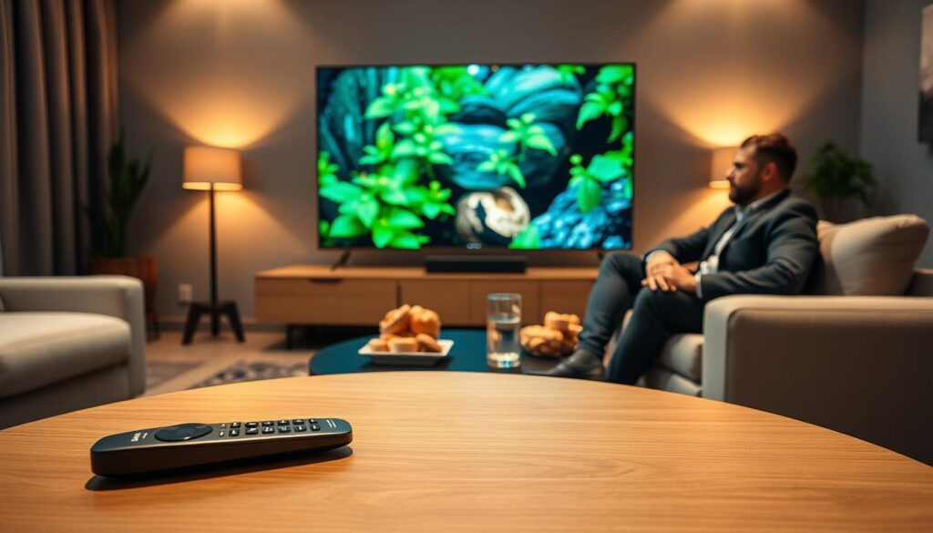 A high-tech living room setting showcasing a large smart TV displaying vibrant, crystal-clear streaming content, such as a nature documentary with rich greens and blues. In the foreground, a sleek, modern remote control lies on a stylish coffee table, alongside snacks and drinks, hinting at a cozy viewing experience. The middle ground features a plush sofa with two people dressed in smart casual attire, intently watching the TV, their expressions reflecting enjoyment and engagement. The background is softly lit, with ambient lighting creating a relaxed atmosphere, while shadows add depth. The overall mood is one of comfort and cutting-edge technology, highlighting seamless streaming quality and performance reliability without any distractions or text. A high-tech living room setting showcasing a large smart TV displaying vibrant, crystal-clear streaming content, such as a nature documentary with rich greens and blues. In the foreground, a sleek, modern remote control lies on a stylish coffee table, alongside snacks and drinks, hinting at a cozy viewing experience. The middle ground features a plush sofa with two people dressed in smart casual attire, intently watching the TV, their expressions reflecting enjoyment and engagement. The background is softly lit, with ambient lighting creating a relaxed atmosphere, while shadows add depth. The overall mood is one of comfort and cutting-edge technology, highlighting seamless streaming quality and performance reliability without any distractions or text.