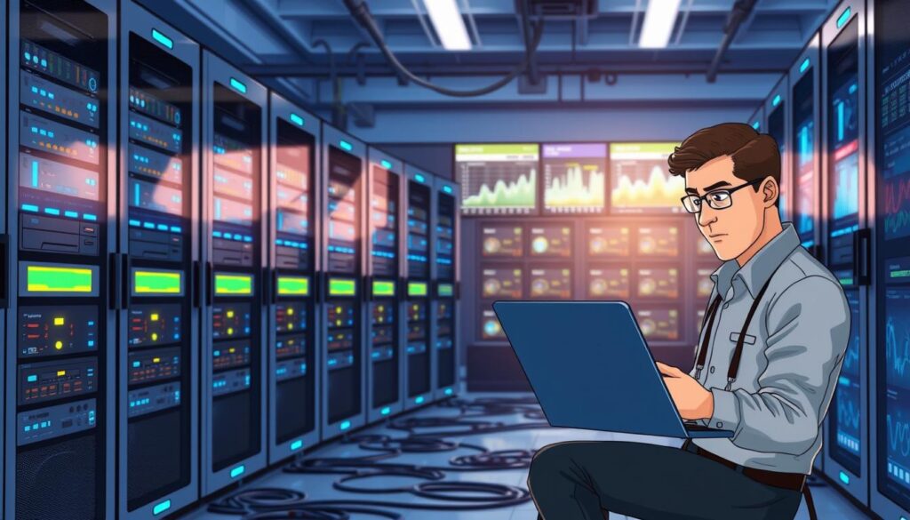 A high-tech server room filled with sleek, modern server racks, illuminated by cool blue LED lights. In the foreground, a technician—dressed in smart casual attire—analyzes data on a laptop connected to the servers, looking focused and intent. The middle layer features multiple blinking server indicators, conveying active network communication, while cables intertwine neatly across the floor. The background showcases a wall full of screens displaying real-time IPTV statistics and charts, casting a subtle glow in the room. The atmosphere is serious yet hopeful, suggesting a troubleshooting process in progress. The scene captures a blend of technology and professionalism, showcasing the importance of checking IPTV provider and server stability. A high-tech server room filled with sleek, modern server racks, illuminated by cool blue LED lights. In the foreground, a technician—dressed in smart casual attire—analyzes data on a laptop connected to the servers, looking focused and intent. The middle layer features multiple blinking server indicators, conveying active network communication, while cables intertwine neatly across the floor. The background showcases a wall full of screens displaying real-time IPTV statistics and charts, casting a subtle glow in the room. The atmosphere is serious yet hopeful, suggesting a troubleshooting process in progress. The scene captures a blend of technology and professionalism, showcasing the importance of checking IPTV provider and server stability.