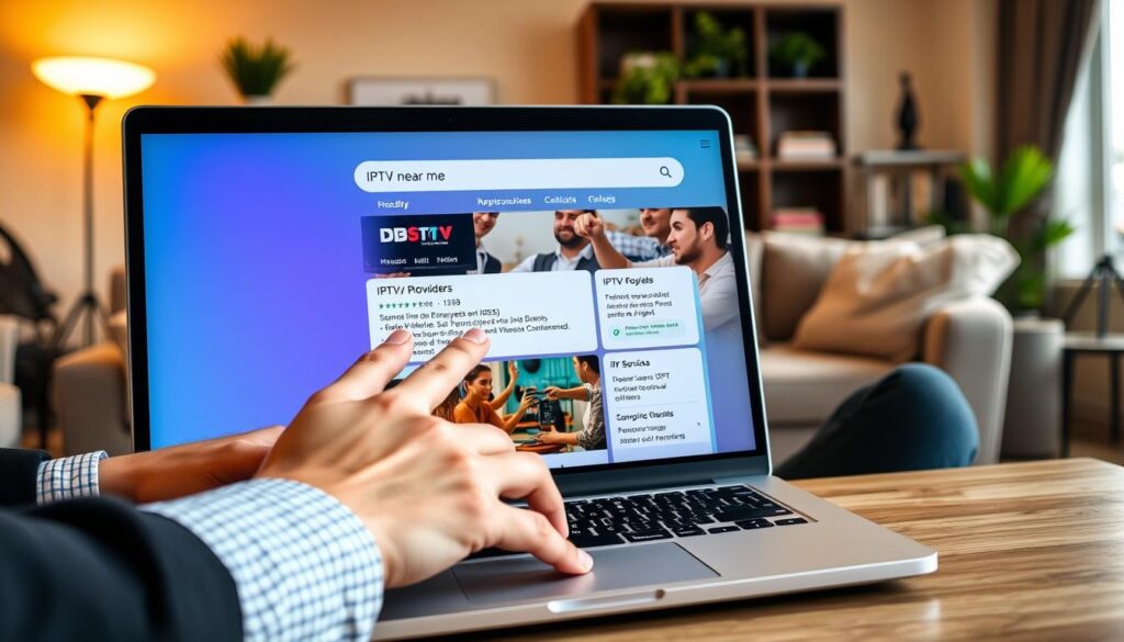A laptop displaying a vibrant and user-friendly interface of IPTV search results for the phrase "IPTV near me." In the foreground, the laptop is angled towards the viewer, with hands of a diverse group of people (all dressed in business casual clothing) diligently typing or pointing at the screen, showcasing collaboration. The middle layer features crisp search results on the laptop's display, highlighting various IPTV providers, prices, and services offered. The background consists of a cozy living room, softly lit with warm ambient lighting and modern decor, including plants and bookshelves. A sense of focus and determination fills the atmosphere, emphasizing the utility of finding local IPTV options. A laptop displaying a vibrant and user-friendly interface of IPTV search results for the phrase "IPTV near me." In the foreground, the laptop is angled towards the viewer, with hands of a diverse group of people (all dressed in business casual clothing) diligently typing or pointing at the screen, showcasing collaboration. The middle layer features crisp search results on the laptop's display, highlighting various IPTV providers, prices, and services offered. The background consists of a cozy living room, softly lit with warm ambient lighting and modern decor, including plants and bookshelves. A sense of focus and determination fills the atmosphere, emphasizing the utility of finding local IPTV options.