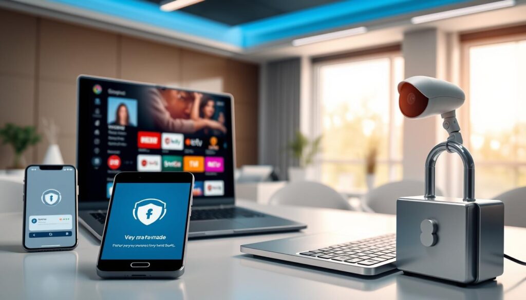 A modern IPTV security setup in a sleek, professional office environment. In the foreground, a high-tech laptop displays a dashboard for streaming services, with vibrant graphics showcasing channels and VOD options. To the left, a smartphone rests on the desk, showing a secure payment interface protected by encryption symbols. The middle ground features a stylish, minimalist desk with a modern security camera and a digital lockbox, symbolizing safety and protection of user data. In the background, large windows let in soft natural light, illuminating the space with a warm ambiance. The atmosphere feels secure and technological, inviting viewers to ponder the importance of safety in digital entertainment transactions. Shallow depth of field to emphasize the foreground elements, sharp focus for clarity. A modern IPTV security setup in a sleek, professional office environment. In the foreground, a high-tech laptop displays a dashboard for streaming services, with vibrant graphics showcasing channels and VOD options. To the left, a smartphone rests on the desk, showing a secure payment interface protected by encryption symbols. The middle ground features a stylish, minimalist desk with a modern security camera and a digital lockbox, symbolizing safety and protection of user data. In the background, large windows let in soft natural light, illuminating the space with a warm ambiance. The atmosphere feels secure and technological, inviting viewers to ponder the importance of safety in digital entertainment transactions. Shallow depth of field to emphasize the foreground elements, sharp focus for clarity.