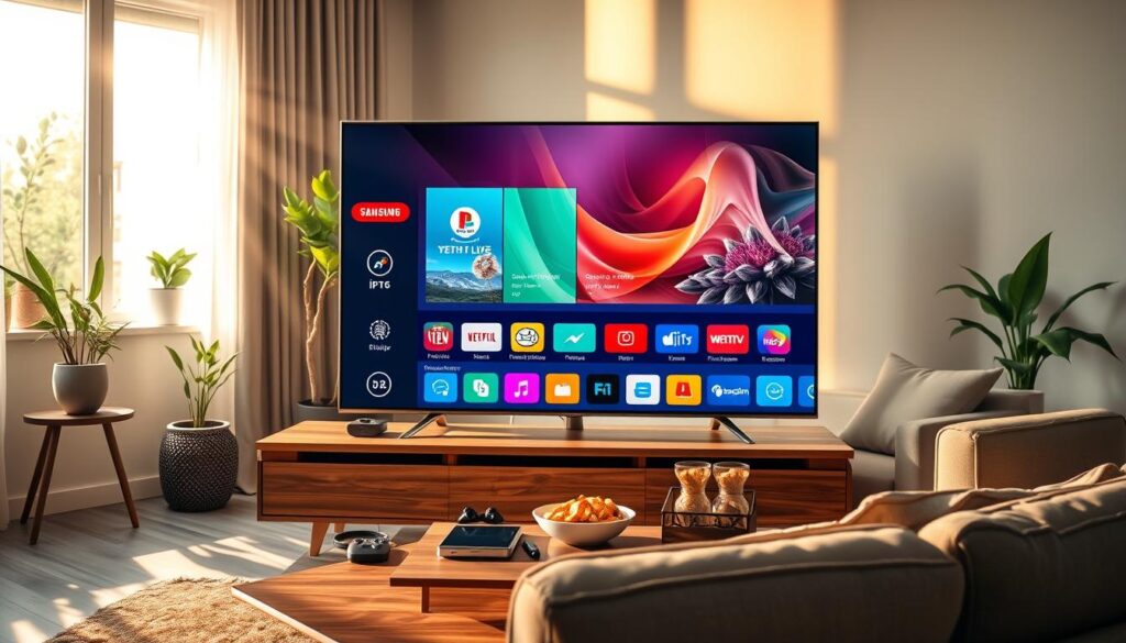A modern Samsung Smart TV displaying a vibrant IPTV interface, featuring a selection of colorful app icons. In the foreground, the sleek TV is positioned on a stylish wooden console, with a cozy living room ambiance. The middle ground includes a contemporary sofa and a coffee table adorned with tech gadgets and snacks, inviting relaxation. Soft, warm lighting illuminates the scene, creating an inviting atmosphere, with rays of sunlight streaming through a window in the background, where indoor plants are positioned. The image should evoke a sense of comfort and modern technology, highlighting the seamless IPTV experience available on Samsung Smart TVs. Opt for a wide-angle view to capture the tranquility and modern design of the living space. A modern Samsung Smart TV displaying a vibrant IPTV interface, featuring a selection of colorful app icons. In the foreground, the sleek TV is positioned on a stylish wooden console, with a cozy living room ambiance. The middle ground includes a contemporary sofa and a coffee table adorned with tech gadgets and snacks, inviting relaxation. Soft, warm lighting illuminates the scene, creating an inviting atmosphere, with rays of sunlight streaming through a window in the background, where indoor plants are positioned. The image should evoke a sense of comfort and modern technology, highlighting the seamless IPTV experience available on Samsung Smart TVs. Opt for a wide-angle view to capture the tranquility and modern design of the living space.
