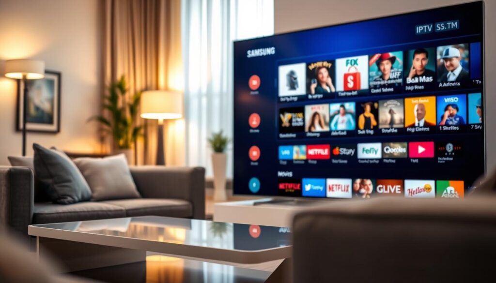 A modern Samsung Smart TV displaying an IPTV interface filled with vibrant, high-definition streaming options. In the foreground, a stylish living room setting incorporates a sleek, contemporary coffee table and soft couches, creating a cozy atmosphere. In the middle, the TV screen showcases a user-friendly IPTV layout, highlighting categories like “Live TV,” “Movies,” and “Shows,” with colorful thumbnails of popular content. The background features a warm and inviting ambiance with soft lighting from floor lamps, accentuating the sleek design of the room. A subtle depth of field effect focuses attention on the TV while the surrounding space remains softly blurred, imparting a sense of depth and comfort to the scene, evoking a mood of relaxation and entertainment. A modern Samsung Smart TV displaying an IPTV interface filled with vibrant, high-definition streaming options. In the foreground, a stylish living room setting incorporates a sleek, contemporary coffee table and soft couches, creating a cozy atmosphere. In the middle, the TV screen showcases a user-friendly IPTV layout, highlighting categories like “Live TV,” “Movies,” and “Shows,” with colorful thumbnails of popular content. The background features a warm and inviting ambiance with soft lighting from floor lamps, accentuating the sleek design of the room. A subtle depth of field effect focuses attention on the TV while the surrounding space remains softly blurred, imparting a sense of depth and comfort to the scene, evoking a mood of relaxation and entertainment.