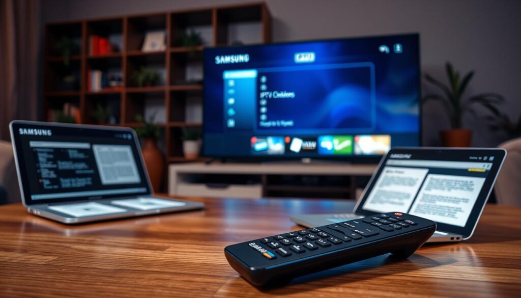 A modern Samsung Smart TV displaying an IPTV setup screen in a cozy living room setting. In the foreground, a sleek black TV remote rests on a polished wooden coffee table, alongside an open laptop showing IPTV configuration guides. In the middle, the Samsung TV is illuminated with soft ambient lighting, highlighting its vibrant screen that features an IPTV interface with various channels and settings. The background reveals a stylish bookshelf and potted plants, creating a warm, inviting atmosphere. The scene is captured with a slight perspective angle, emphasizing the TV and remote. The lighting is soft and natural, suggesting a relaxed evening vibe, perfect for a family or individual preparing to install IPTV. A modern Samsung Smart TV displaying an IPTV setup screen in a cozy living room setting. In the foreground, a sleek black TV remote rests on a polished wooden coffee table, alongside an open laptop showing IPTV configuration guides. In the middle, the Samsung TV is illuminated with soft ambient lighting, highlighting its vibrant screen that features an IPTV interface with various channels and settings. The background reveals a stylish bookshelf and potted plants, creating a warm, inviting atmosphere. The scene is captured with a slight perspective angle, emphasizing the TV and remote. The lighting is soft and natural, suggesting a relaxed evening vibe, perfect for a family or individual preparing to install IPTV.