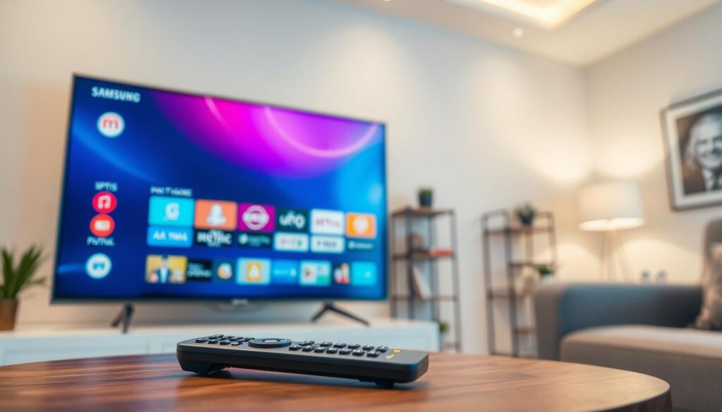 A modern Samsung Smart TV prominently displayed in a cozy living room setting, showcasing various IPTV apps in vibrant colors on its screen. In the foreground, the TV remote lies on a stylish coffee table, hinting at user interaction. The middle ground features the sleek Samsung TV mounted on a minimalist wall, while the background includes soft ambient lighting with a warm, inviting atmosphere. A soft-focus effect enhances the serene vibe, while crisp detail captures the app icons, emphasizing a user-friendly interface. The scene conveys a sense of comfort and ease, ideal for those looking to explore IPTV options on their Samsung devices. A modern Samsung Smart TV prominently displayed in a cozy living room setting, showcasing various IPTV apps in vibrant colors on its screen. In the foreground, the TV remote lies on a stylish coffee table, hinting at user interaction. The middle ground features the sleek Samsung TV mounted on a minimalist wall, while the background includes soft ambient lighting with a warm, inviting atmosphere. A soft-focus effect enhances the serene vibe, while crisp detail captures the app icons, emphasizing a user-friendly interface. The scene conveys a sense of comfort and ease, ideal for those looking to explore IPTV options on their Samsung devices.