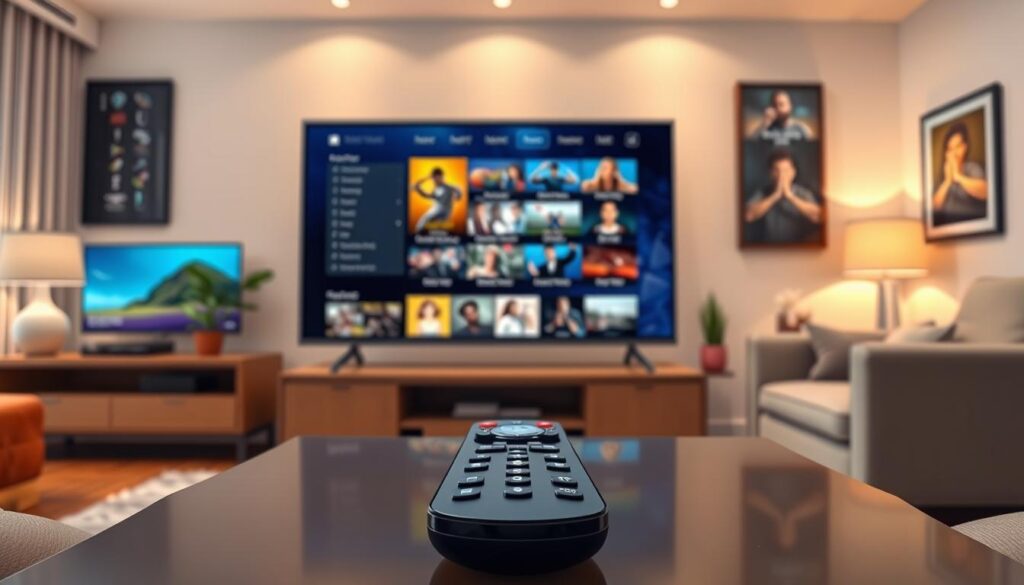 A modern and sleek entertainment setup showcasing a diverse array of IPTV channels available through KickLTV.com. In the foreground, a high-resolution TV screen displays vivid visuals of various streaming options like movies, sports, and documentaries, reflecting vibrant colors and captivating imagery. In the middle ground, a stylish remote control rests on a contemporary coffee table, symbolizing user-friendly navigation. The background features a cozy living room with soft ambient lighting, plush seating, and decorative elements, creating a welcoming atmosphere. The scene is captured from a slightly elevated angle, highlighting the seamless integration of technology and leisure. The mood is upbeat and inviting, perfect for a home viewing experience. A modern and sleek entertainment setup showcasing a diverse array of IPTV channels available through KickLTV.com. In the foreground, a high-resolution TV screen displays vivid visuals of various streaming options like movies, sports, and documentaries, reflecting vibrant colors and captivating imagery. In the middle ground, a stylish remote control rests on a contemporary coffee table, symbolizing user-friendly navigation. The background features a cozy living room with soft ambient lighting, plush seating, and decorative elements, creating a welcoming atmosphere. The scene is captured from a slightly elevated angle, highlighting the seamless integration of technology and leisure. The mood is upbeat and inviting, perfect for a home viewing experience.