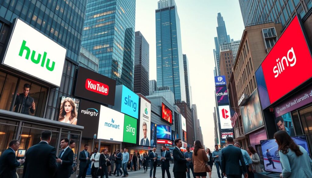 A modern digital cityscape showcasing various IPTV providers in the USA. In the foreground, feature a sleek, multi-storey building with prominent logos of popular IPTV providers like Hulu, YouTube TV, and Sling TV displayed on digital billboards. The middle ground should include a vibrant street scene filled with diverse individuals in professional attire, discussing services around smart devices and TVs. In the background, depict a clear evening sky with soft lights, giving a warm and inviting atmosphere to the city. Use a wide-angle lens perspective to capture the bustling environment. Soft, golden-hour lighting enhances the overall mood, conveying a sense of connectivity and modern living without any distractions or text elements. A modern digital cityscape showcasing various IPTV providers in the USA. In the foreground, feature a sleek, multi-storey building with prominent logos of popular IPTV providers like Hulu, YouTube TV, and Sling TV displayed on digital billboards. The middle ground should include a vibrant street scene filled with diverse individuals in professional attire, discussing services around smart devices and TVs. In the background, depict a clear evening sky with soft lights, giving a warm and inviting atmosphere to the city. Use a wide-angle lens perspective to capture the bustling environment. Soft, golden-hour lighting enhances the overall mood, conveying a sense of connectivity and modern living without any distractions or text elements.