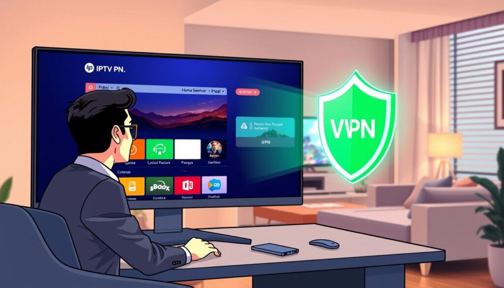 A modern home office scene featuring a large, sleek computer monitor displaying an IPTV interface, with a VPN application icon highlighted prominently. In the foreground, a person in professional business attire, a young adult male, sits at a stylish desk, focused on the screen. A glowing green shield icon, symbolizing VPN protection, hovers near the monitor. In the middle background, a cozy living room can be seen, softly illuminated by warm light, with a comfortable couch and a large TV displaying vibrant colors, emphasizing a seamless IPTV experience. The overall atmosphere suggests security and high performance, with soft shadows and a clean, tech-savvy aesthetic. The image captures a sense of connection and ease, showcasing the importance of a VPN for privacy and performance in streaming. A modern home office scene featuring a large, sleek computer monitor displaying an IPTV interface, with a VPN application icon highlighted prominently. In the foreground, a person in professional business attire, a young adult male, sits at a stylish desk, focused on the screen. A glowing green shield icon, symbolizing VPN protection, hovers near the monitor. In the middle background, a cozy living room can be seen, softly illuminated by warm light, with a comfortable couch and a large TV displaying vibrant colors, emphasizing a seamless IPTV experience. The overall atmosphere suggests security and high performance, with soft shadows and a clean, tech-savvy aesthetic. The image captures a sense of connection and ease, showcasing the importance of a VPN for privacy and performance in streaming.