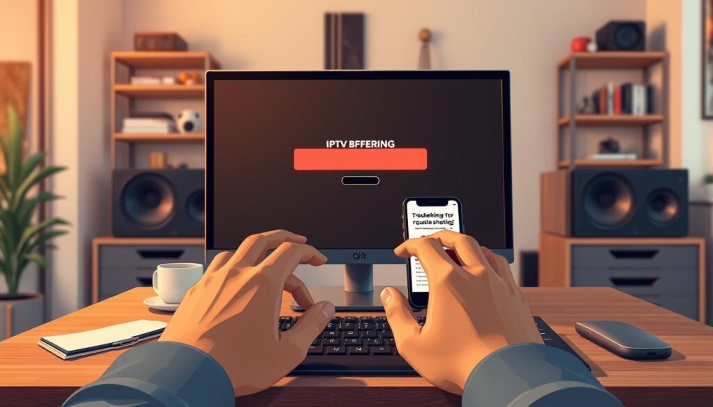 A modern home office setting with a sleek computer setup displaying an IPTV service buffering screen. In the foreground, a pair of hands are reaching toward the keyboard, poised to troubleshoot the issue, reflecting a sense of urgency. The middle ground shows a cozy workspace with a tidy desk featuring a coffee cup, notepad, and a smartphone displaying a tips webpage for fixing buffering issues. The background features soft-focus shelves with tech gadgets and books about troubleshooting technology. The lighting is warm and inviting, creating a calm atmosphere amid the rational frustration represented by the buffering screen. The image should evoke a sense of hope and action, illustrating quick fixes for IPTV buffering. A modern home office setting with a sleek computer setup displaying an IPTV service buffering screen. In the foreground, a pair of hands are reaching toward the keyboard, poised to troubleshoot the issue, reflecting a sense of urgency. The middle ground shows a cozy workspace with a tidy desk featuring a coffee cup, notepad, and a smartphone displaying a tips webpage for fixing buffering issues. The background features soft-focus shelves with tech gadgets and books about troubleshooting technology. The lighting is warm and inviting, creating a calm atmosphere amid the rational frustration represented by the buffering screen. The image should evoke a sense of hope and action, illustrating quick fixes for IPTV buffering.