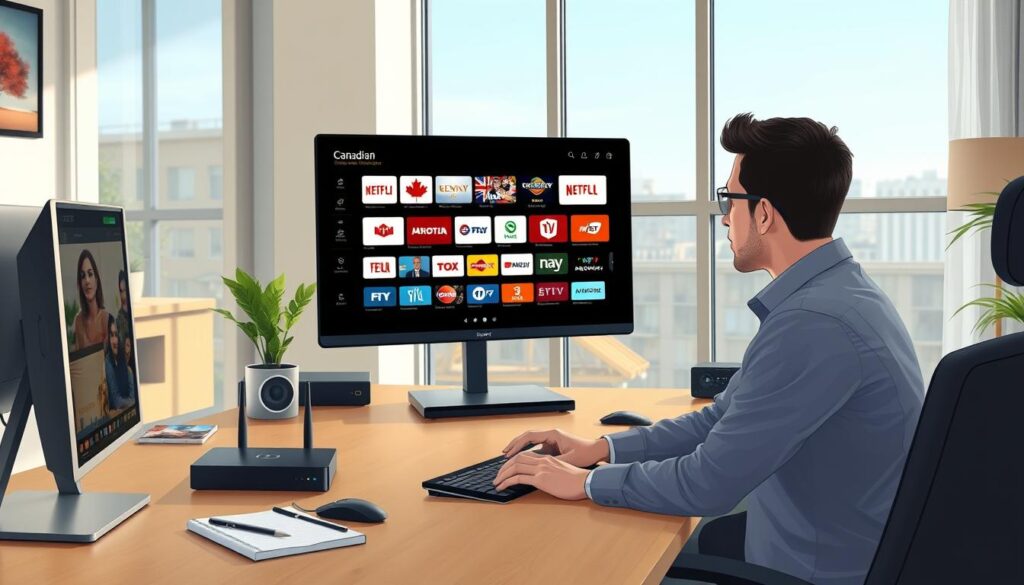 A modern home office setup featuring a sleek desktop computer displaying high-definition IPTV streaming of Canadian TV channels. In the foreground, a professional individual, dressed in smart casual attire, is focused on the screen, using a wireless mouse. The middle layer showcases a well-organized desk with streaming devices, a notepad for notes, and a router symbolizing optimal internet speed. In the background, large windows let in natural light, illuminating the room and creating a welcoming atmosphere. The overall mood conveys productivity and modernity, with a hint of sophistication. Use a wide-angle lens effect to capture the entire setup, enhancing the clarity and vibrancy of the streaming content on the screen. A modern home office setup featuring a sleek desktop computer displaying high-definition IPTV streaming of Canadian TV channels. In the foreground, a professional individual, dressed in smart casual attire, is focused on the screen, using a wireless mouse. The middle layer showcases a well-organized desk with streaming devices, a notepad for notes, and a router symbolizing optimal internet speed. In the background, large windows let in natural light, illuminating the room and creating a welcoming atmosphere. The overall mood conveys productivity and modernity, with a hint of sophistication. Use a wide-angle lens effect to capture the entire setup, enhancing the clarity and vibrancy of the streaming content on the screen.