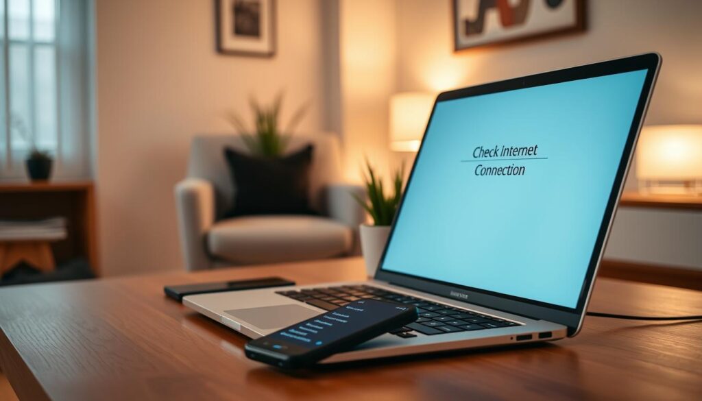 A modern home office setup featuring a sleek laptop on a wooden desk, displaying a "Check Internet Connection" notification on screen. In the foreground, the laptop is open, showing a bright, clear interface with an error sign. A smartphone, also showing network settings, is placed beside the laptop, symbolizing connectivity checks. In the middle ground, a comfortable chair is slightly angled towards the desk, and a potted plant adds a touch of greenery. The background features a softly lit room with ambient lighting, highlighting the calm atmosphere. The scene should evoke a sense of efficiency and problem-solving, with a slight focus on technology and troubleshooting. The lighting is warm and inviting, suggesting a productive workspace.