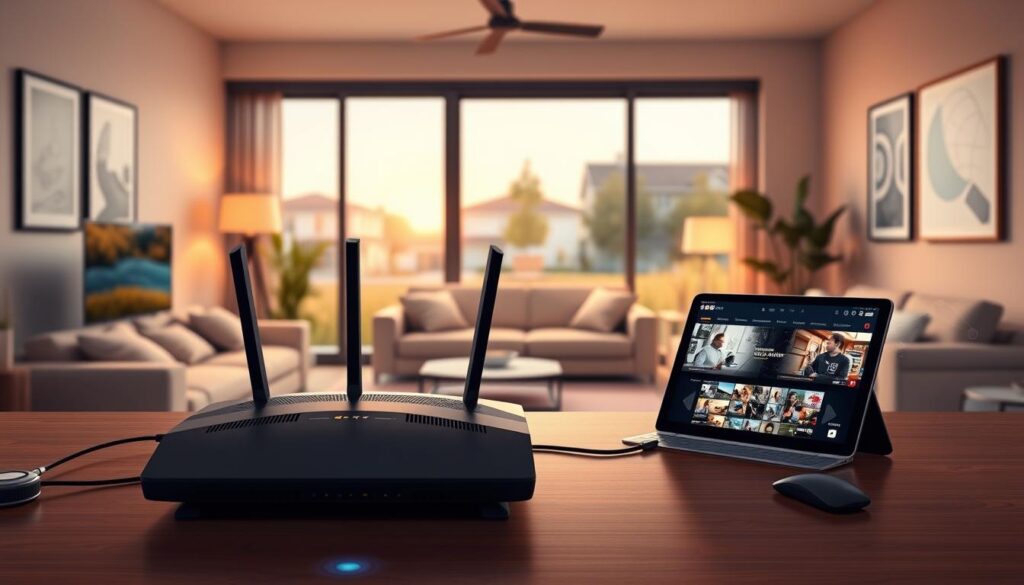A modern home office setup focusing on optimizing a home network for seamless IPTV streaming. In the foreground, a sleek desk showcases a high-end router with multiple antennas, connected devices like a laptop and a tablet displaying IPTV content. Soft, ambient lighting provides a warm atmosphere, while a subtle glow from the router indicates it's powered on. In the middle, a large window reveals a view of a suburban neighborhood, hinting at a strong Wi-Fi signal. Cozy furniture surrounds the space, creating a relaxed vibe. The background features a minimalist design aesthetic with digital connectivity diagrams subtly integrated into the wall art. The camera angle is slightly tilted downwards, emphasizing the tech setup while capturing the inviting atmosphere of the home office. A modern home office setup focusing on optimizing a home network for seamless IPTV streaming. In the foreground, a sleek desk showcases a high-end router with multiple antennas, connected devices like a laptop and a tablet displaying IPTV content. Soft, ambient lighting provides a warm atmosphere, while a subtle glow from the router indicates it's powered on. In the middle, a large window reveals a view of a suburban neighborhood, hinting at a strong Wi-Fi signal. Cozy furniture surrounds the space, creating a relaxed vibe. The background features a minimalist design aesthetic with digital connectivity diagrams subtly integrated into the wall art. The camera angle is slightly tilted downwards, emphasizing the tech setup while capturing the inviting atmosphere of the home office.
