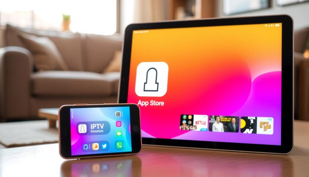 A modern iPhone and iPad displaying the IPTV Smarters Pro app interface prominently in the foreground, showcasing its sleek design with vibrant colors and user-friendly layout. The middle layer features an App Store icon, indicating the download process, with a stylized representation of a finger tapping on the screen, highlighting interactivity. In the background, a softly blurred, well-lit cozy living room setting creates a comfortable atmosphere, suggesting a tech-savvy home environment. Warm, natural lighting filters through a nearby window, casting gentle shadows and enhancing the inviting mood. The image should have a crisp focus, capturing the essence of modern technology and ease of use, suitable for illustrating a tutorial on app installation. A modern iPhone and iPad displaying the IPTV Smarters Pro app interface prominently in the foreground, showcasing its sleek design with vibrant colors and user-friendly layout. The middle layer features an App Store icon, indicating the download process, with a stylized representation of a finger tapping on the screen, highlighting interactivity. In the background, a softly blurred, well-lit cozy living room setting creates a comfortable atmosphere, suggesting a tech-savvy home environment. Warm, natural lighting filters through a nearby window, casting gentle shadows and enhancing the inviting mood. The image should have a crisp focus, capturing the essence of modern technology and ease of use, suitable for illustrating a tutorial on app installation.