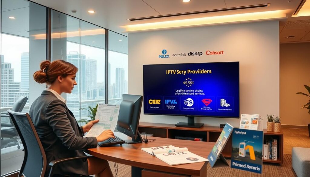 A modern, inviting office environment showcasing local IPTV providers. In the foreground, a professional woman in business attire sits at a desk with a computer, analyzing IPTV service maps and customer data. In the middle, a large screen displays various IPTV logos and highlights local offers, while brochures about services are neatly arranged. The background features a glass wall with a cityscape view, suggesting a urban setting. Soft, warm lighting fills the room, creating an atmosphere of professionalism and trustworthiness. Use a dynamic angle that captures both the person at the desk and the vibrant displays of information, conveying the importance of local IPTV providers in enhancing viewing choices for consumers. A modern, inviting office environment showcasing local IPTV providers. In the foreground, a professional woman in business attire sits at a desk with a computer, analyzing IPTV service maps and customer data. In the middle, a large screen displays various IPTV logos and highlights local offers, while brochures about services are neatly arranged. The background features a glass wall with a cityscape view, suggesting a urban setting. Soft, warm lighting fills the room, creating an atmosphere of professionalism and trustworthiness. Use a dynamic angle that captures both the person at the desk and the vibrant displays of information, conveying the importance of local IPTV providers in enhancing viewing choices for consumers.